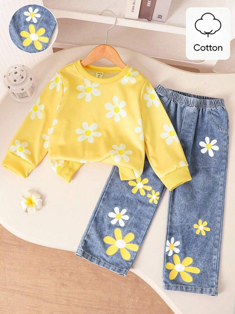 Elladie Kids Young Girls Cute Floral Print Sweatshirt Set For Spring, Autumn & Winter, Back To School Season. Knitted Fabric Sweatshirt With Yellow Floral Pattern, Yellow Ribbed Cuffs, Collar And Hem, Long Sleeve, Paired With Yellow & White Floral Blue Jeans Pants, 2 Pieces Set Suitable For Girls, Cute & Elegant For Daily Wear, School, Outing, Party | SHEIN