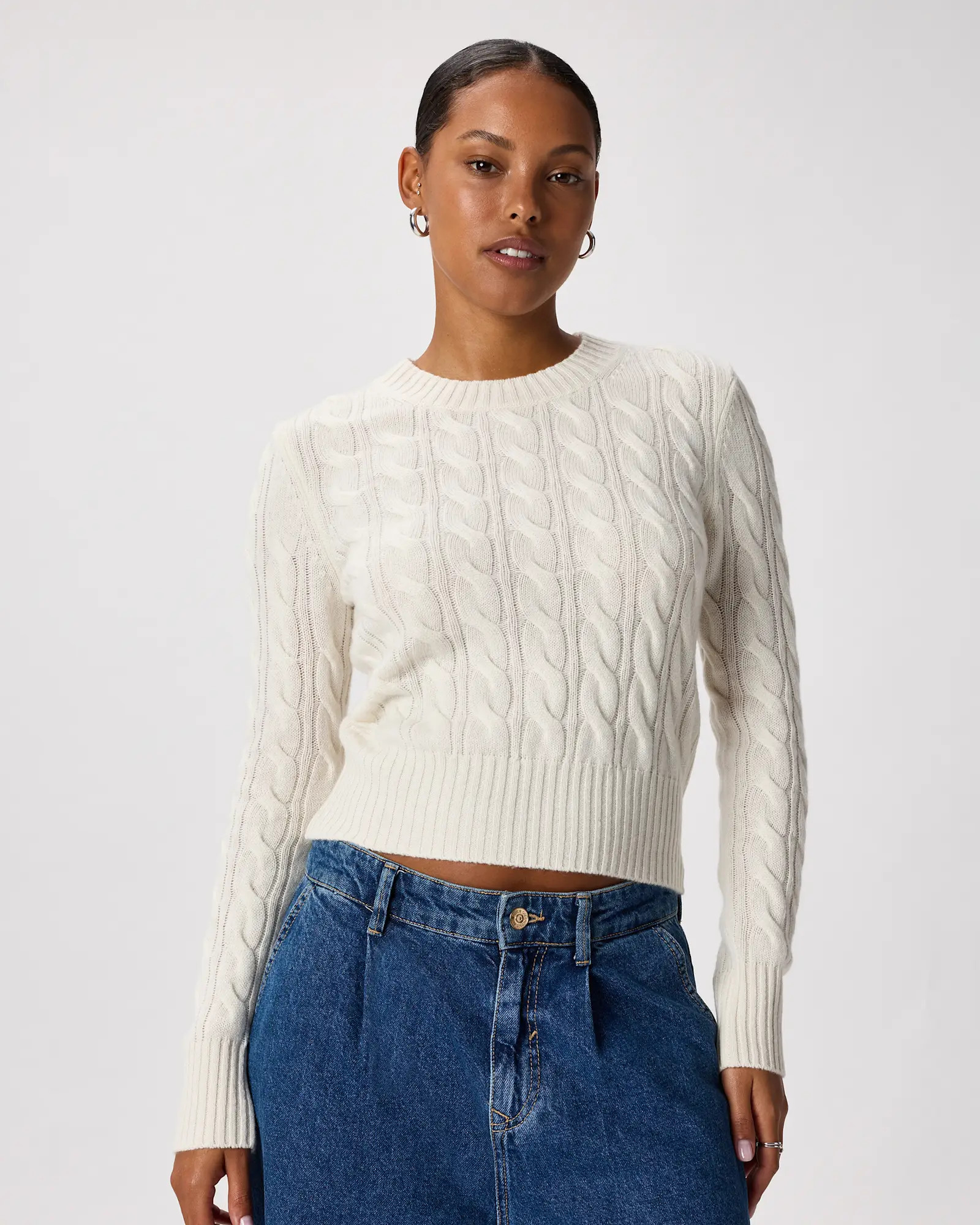 Mongolian Cashmere Shrunken Cable Crewneck Sweater in Ivory | Quince