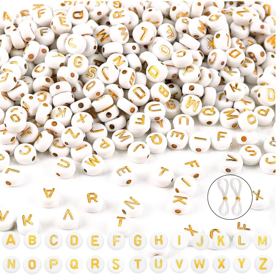 DIYDEC 1000pcs Round Letter Beads Acrylic Gold Alphabet Beads 4x7 mm White Letter Beads with Crys... | Amazon (US)