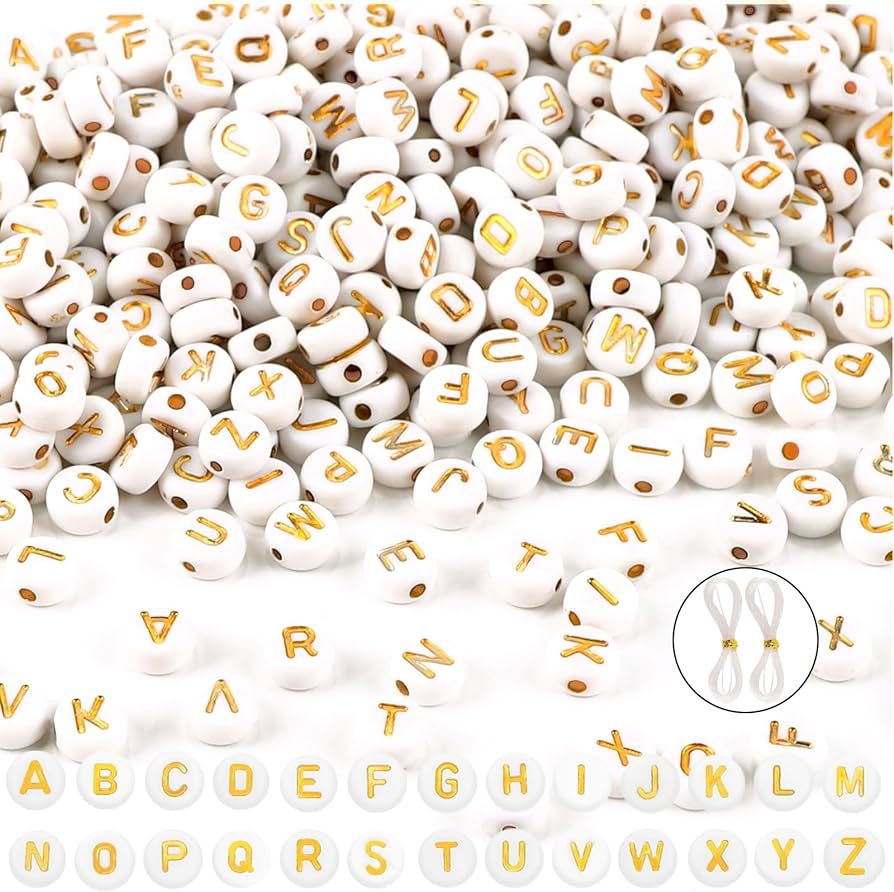 DIYDEC 1000pcs Round Letter Beads Acrylic Gold Alphabet Beads 4x7 mm White Letter Beads with Crys... | Amazon (US)