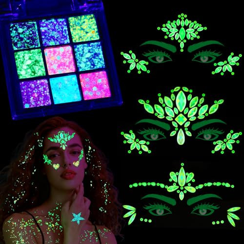 YGDZ Glow in The Dark Face Glitter, Hair Body Glitter Gel, Face Jewels Stick On for Women, Festival Carnival Outfits, Mermaid Costume for Halloween Makeup, Rave Accessories for UV Black Light Party | Amazon (US)