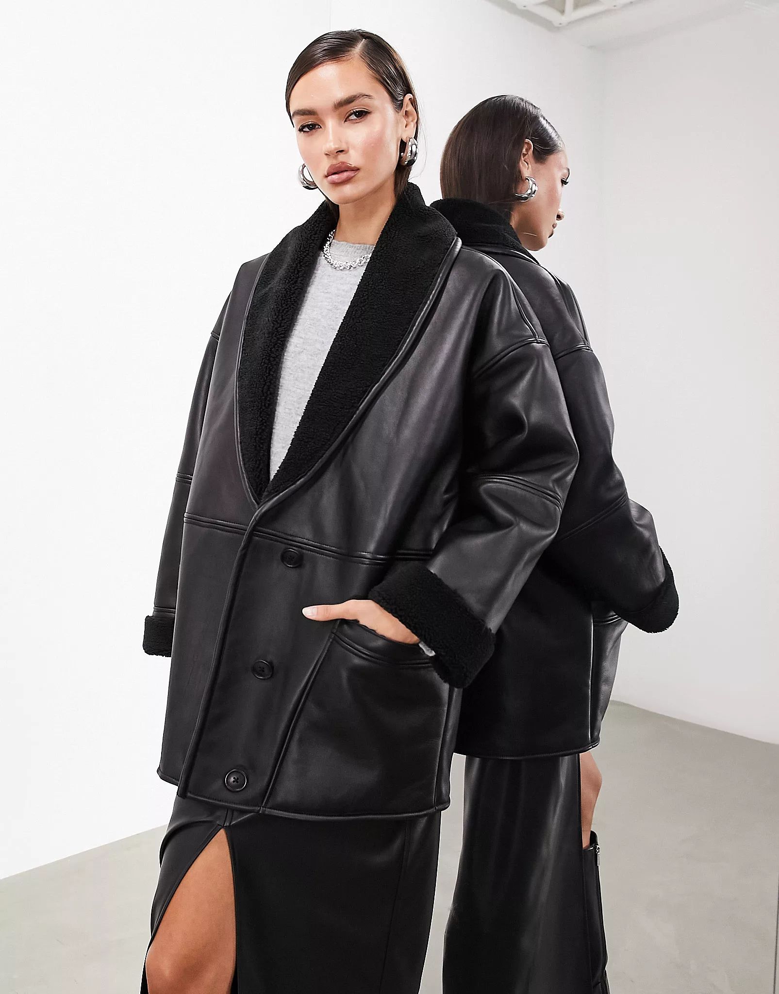 ASOS EDITION oversized real leather borg lined jacket in black | ASOS | ASOS (Global)