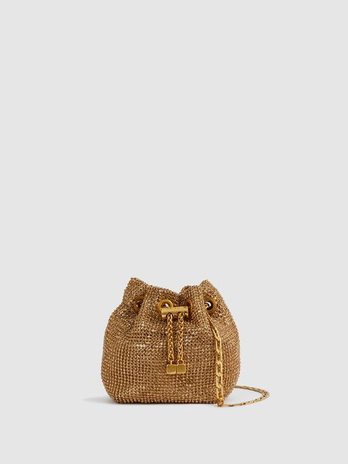 Reiss Gold Demi Crystal Mini Bucket Bag | Reiss US