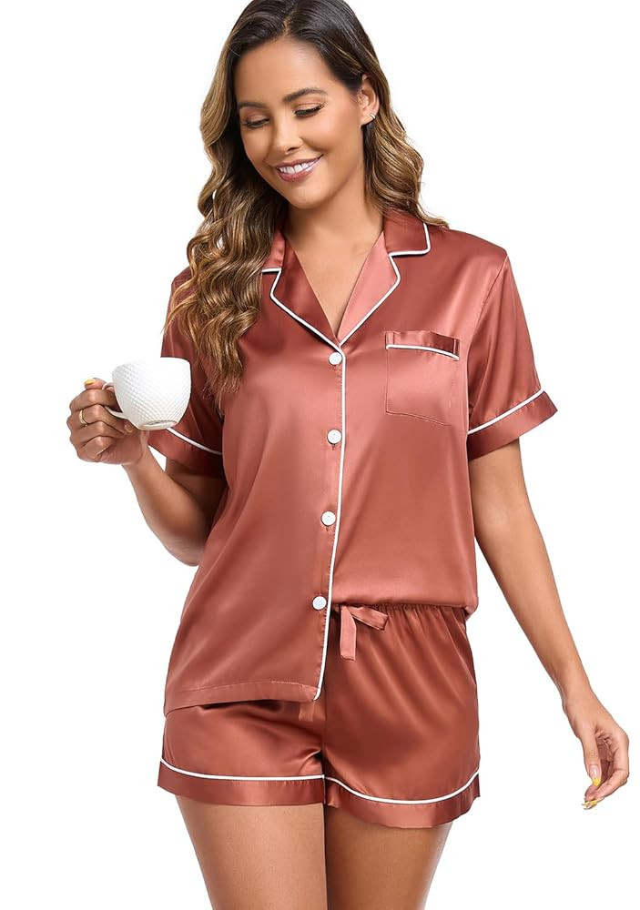 Women's Satin Pajama Set 2-Piece Sleepwear Loungewear Button Down Short Sleeve Silky PJ Set | Amazon (US)