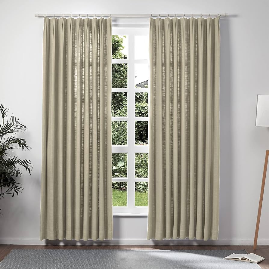 TWOPAGES Double Layer Lined Curtain Grey Beige Linen Blend Light Filtering Pinch Pleat Curtain fo... | Amazon (US)
