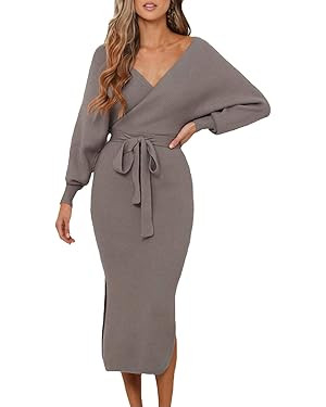 Viottiset Women's V Neck Long Batwing Sleeve Wrap Midi Knit Sweater Dress Elegant Backless with B... | Amazon (US)
