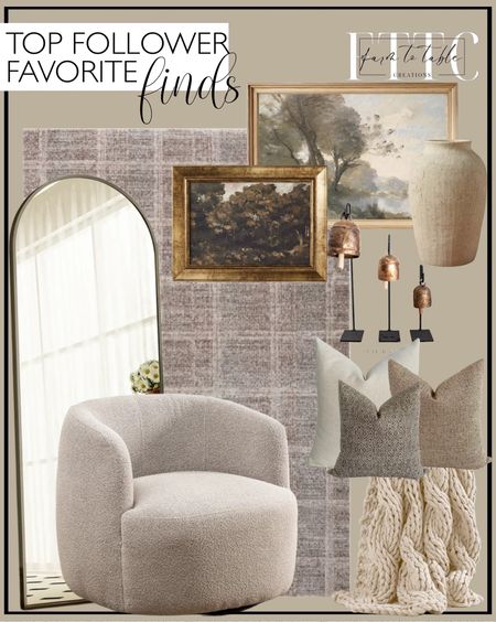 Top Follower Favorite Finds. Follow @farmtotablecreations on Instagram for more inspiration.

Bell Stands Vintage Inspired Copper Bells Meta Iron Bells Stands Luxe B Co. Muted Green Landscape Art Print, Farmhouse Wall Art, Riverside Painting, Soft Tones Printable Digital Art. Angela Rose x Loloi Ember Fog / Dove Area Rug. BEAUTYPEAK 64"x21" Full Length Mirror Arched Standing Floor Mirror Full Body Mirror, Black. 16"x12" Moody Trees Framed Wall Canvas Board - Threshold™ designed with Studio McGee. Colossal Handknit Throw. Serene Pillow Cover Set | Pillow Cover Combo, Fall Pillow Covers, Brown Pillow Covers, Neutral Pillows, HACKNER HOME. Arijit 34" Wide Boucle Upholstered Swivel Armchair. Large Textured Adrienne Vase. 

#LTKfindsunder50 #LTKhome #LTKsalealert