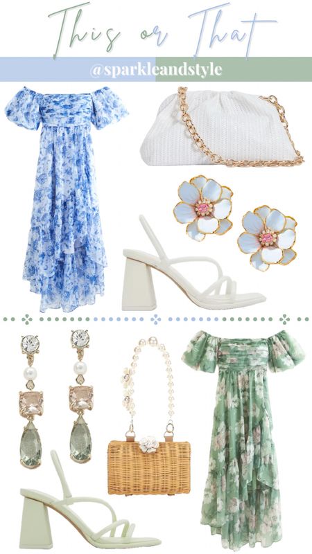This Or That: Spring Wedding Guest Outfit

💙 blue floral ruffle dress, white slouchy bag, blue and pink flower earrings, white strappy heels
💚 green floral ruffle dress, green pearl dangly earrings, rattan pearl flower handbag, green strappy heels #LTKSpringSale 

#LTKfindsunder100 #LTKwedding #LTKshoecrush