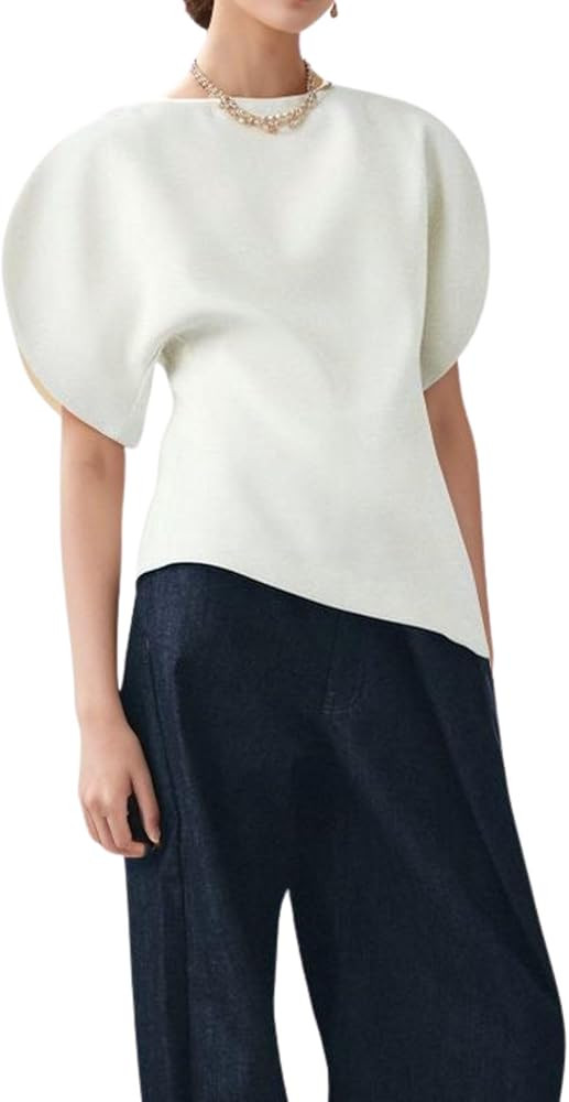 Chevara Women\u2019s Balloon Short Sleeve Top Trendy Boat Neck Asymmetric Hem Solid Color Slim Fi... | Amazon (US)