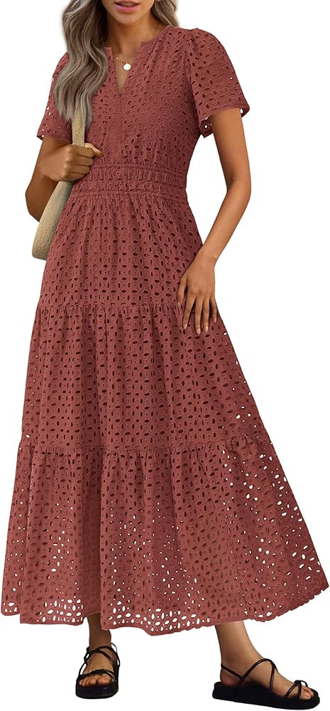 PRETTYGARDEN Womens 2025 Summer Maxi Dress Short Sleeve V Neck Hollow Out Eyelet A Line Long Flow... | Amazon (US)