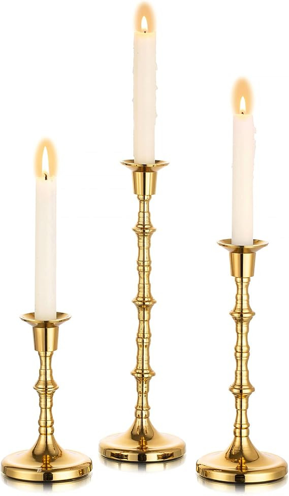 Nuptio Brass Candlestick Holders for Centerpiece: Set of 3 Gold Taper Candle Stick Holders for Ho... | Amazon (US)