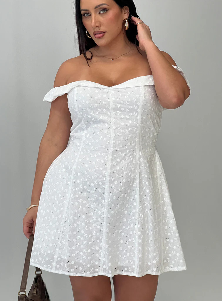 Rosebud Broderie Off The Shoulder Mini Dress White Curve | Princess Polly US