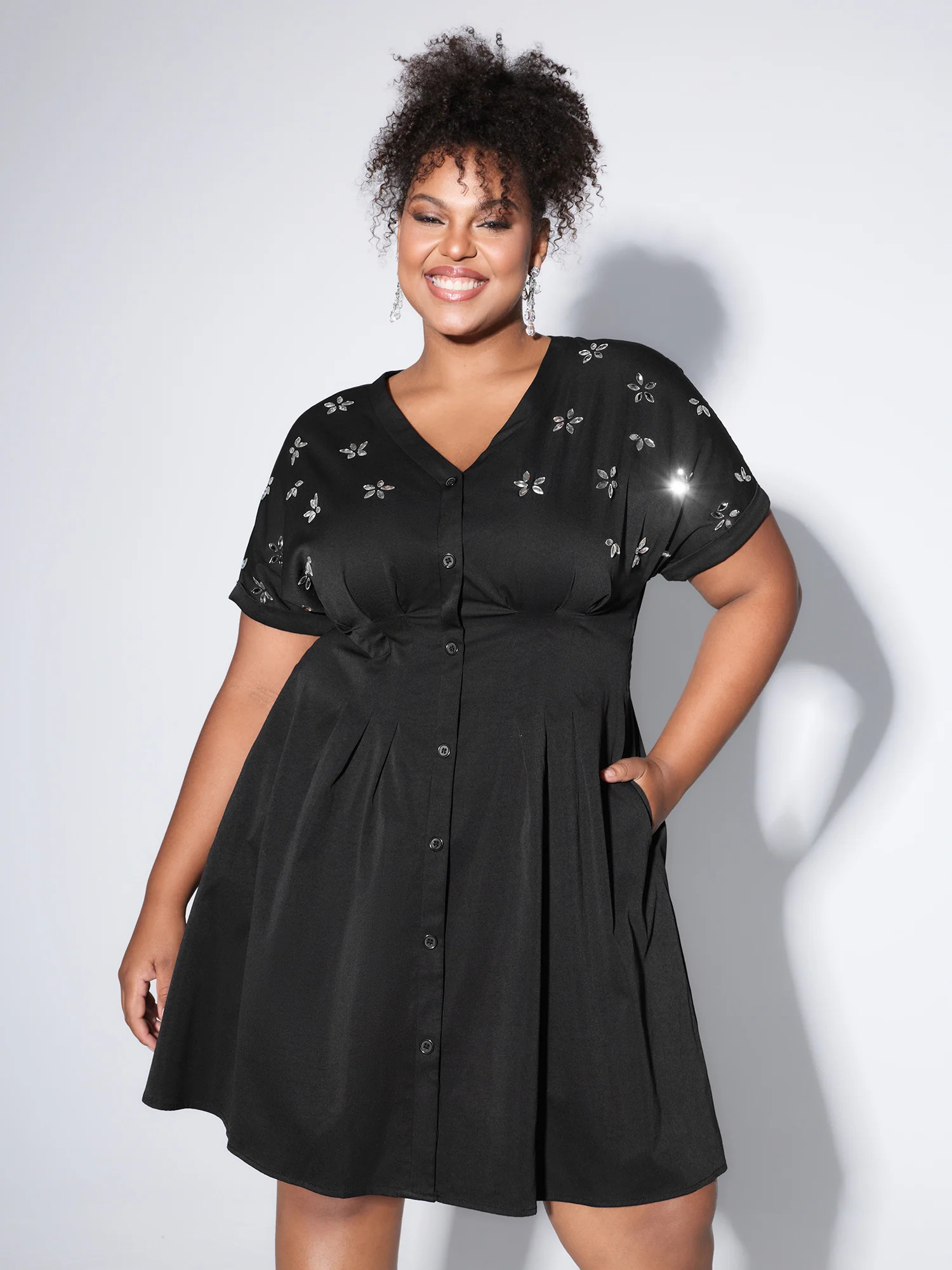 Rhinestone Cinched-Waist Button Mini Dress | Bloomchic