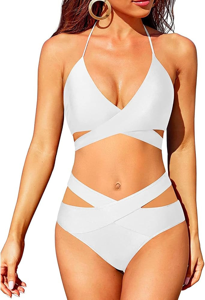 Holipick Two Piece Bikini Sets for Women High Waisted Bikini Push Up Swimsuit Halter Wrap Criss C... | Amazon (US)