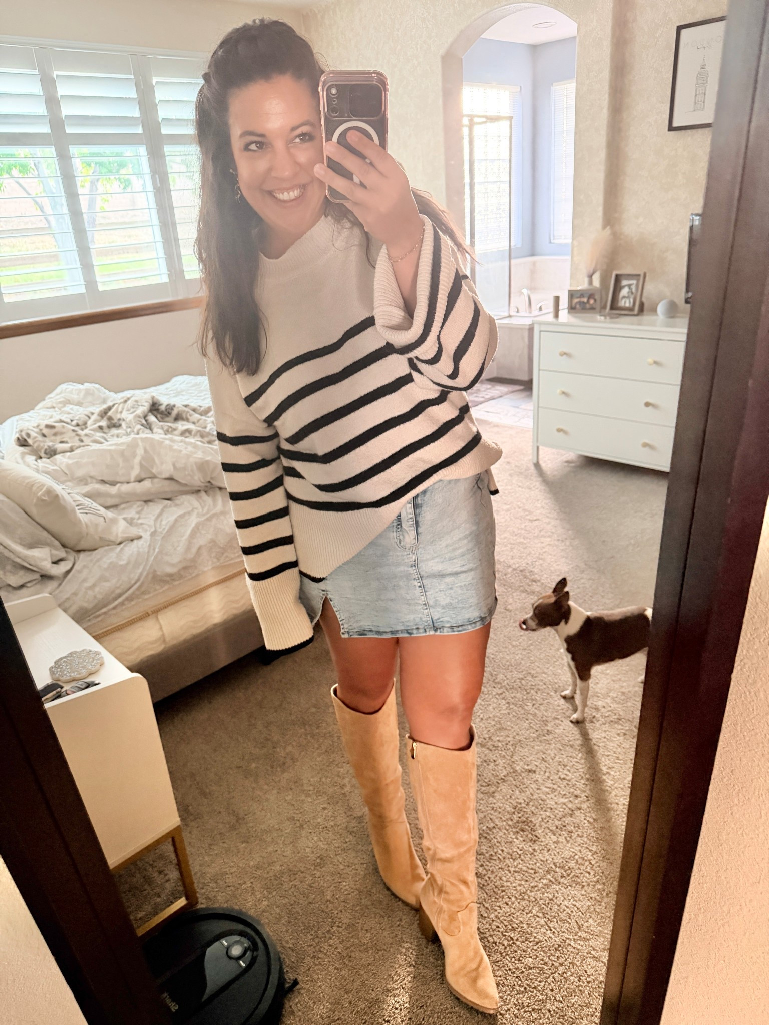 It was a chill spring day, so I paired this Jean skirt with a chunky sweater. 

This Jean skirt has built in shorts and I’m wearing my typical size large. There are lots of colors and I’m tempted to get another one! 

These boots are the perfect height and have a thick heel so you can wear all day. I went up a half size, so 8.5.

#LTKMidsize #LTKSeasonal #LTKootd