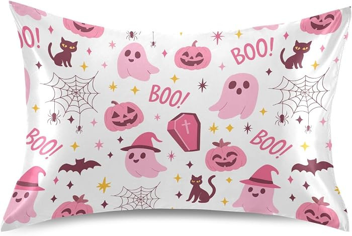 Halloween Pink Ghost Pumpkin Pillow Covers Silk Pillowcase for Hair and Skin Soft and Smooth Cool... | Amazon (US)