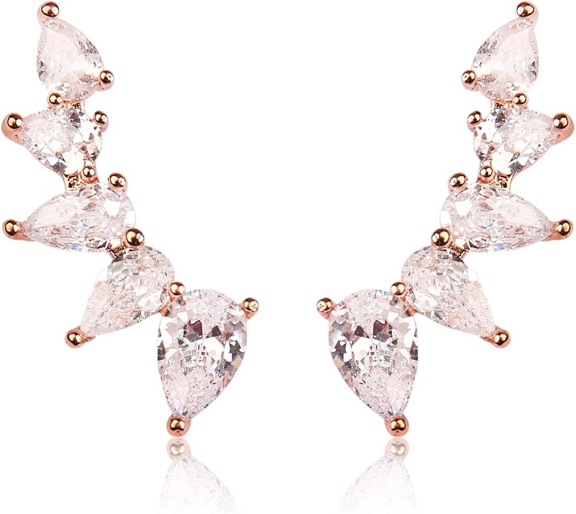 RIAH FASHION Sparkly Rhinestone Pave Ear Crawler Earrings - Delicate Cubic Crystal Earlobe Cuff C... | Amazon (US)