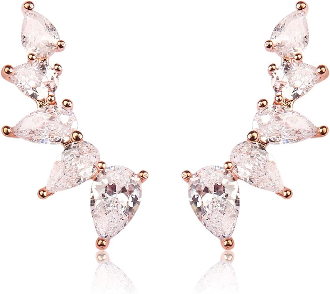 RIAH FASHION Sparkly Rhinestone Pave Ear Crawler Earrings - Delicate Cubic Crystal Earlobe Cuff C... | Amazon (US)