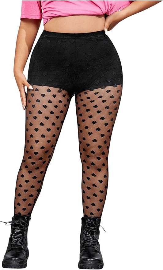 OYOANGLE Women's Plus Size Heart Print Mesh Sheer Pantyhose High Waist Control Top Stockings Foot... | Amazon (US)
