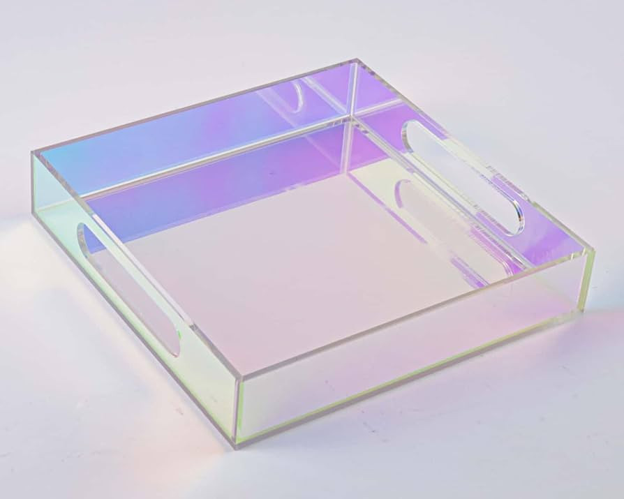 Iridescent Acrylic Serving Tray 10x10 inches, Spill Resistant, with Handles and Silicone Pads, Cl... | Amazon (US)
