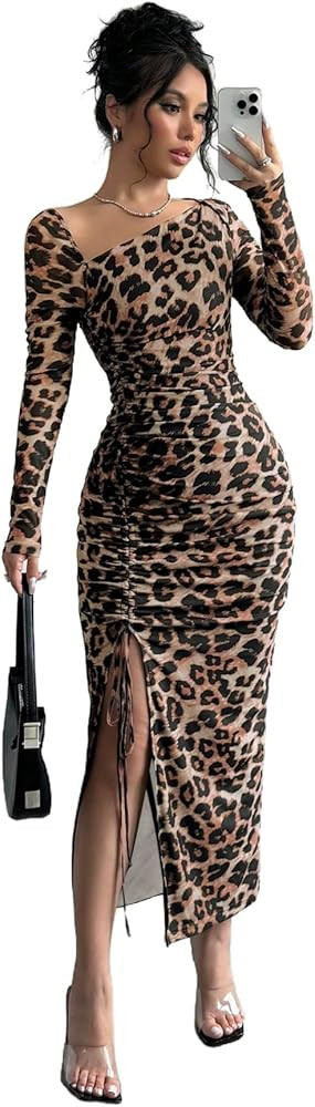 GORGLITTER Women's Leopard Print Maxi Dress Asymmetrical Neck Drawstring Ruched Split Bodycon Dre... | Amazon (CA)