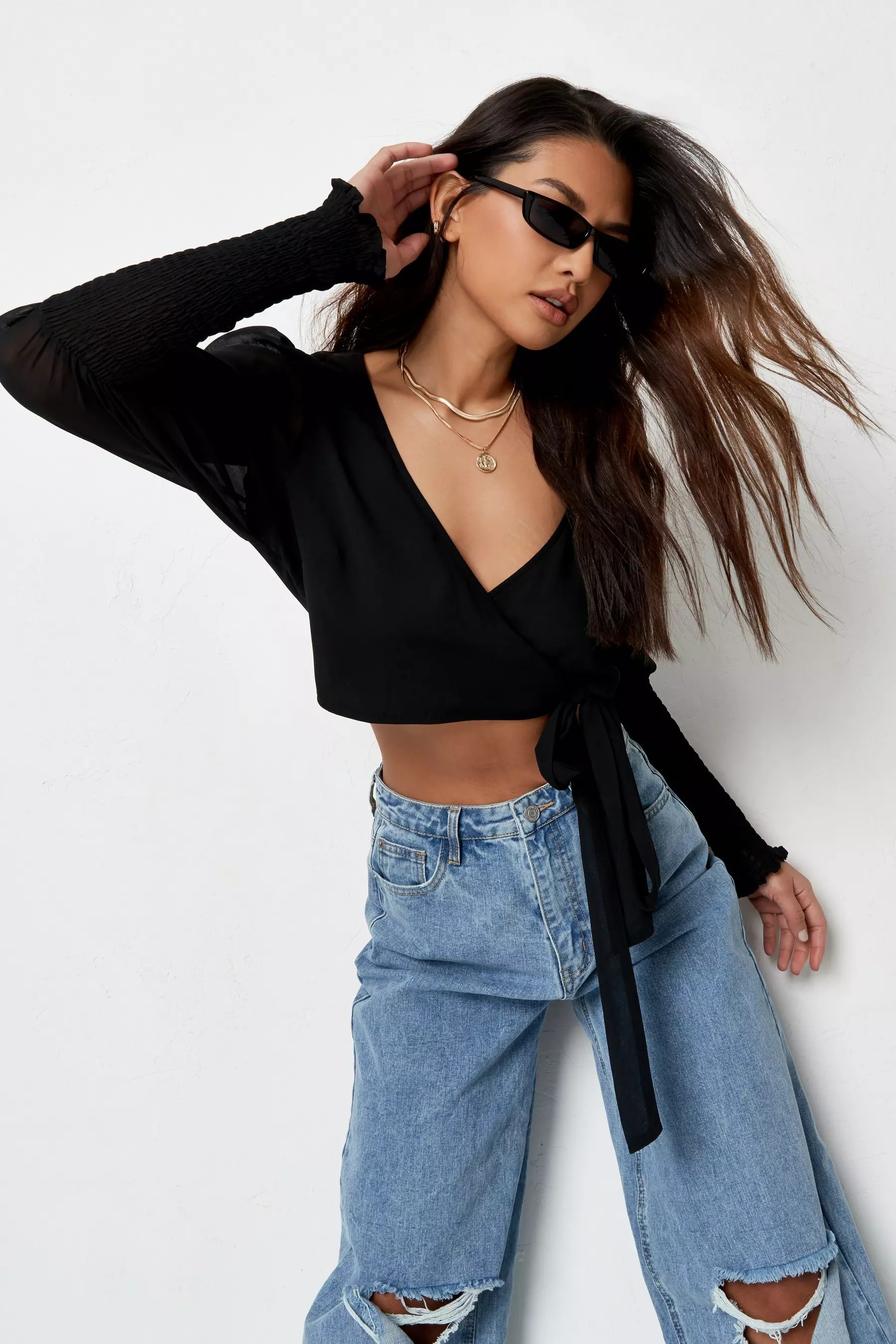 Black Shirred Sleeve Wrap Blouse | Missguided (US & CA)