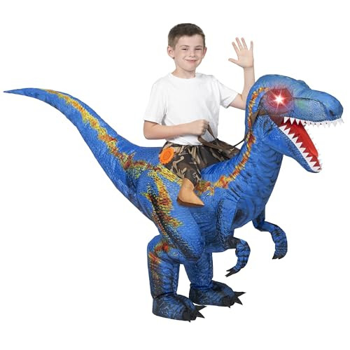 Spooktacular Creations Kids Halloween Inflatable Dinosaur Costume, LED Light Eyes Ride-on T-rex, Riding a Blue Raptor Digital Printing Air Blow Up Halloween Costumes, (M Blue) | Amazon (US)