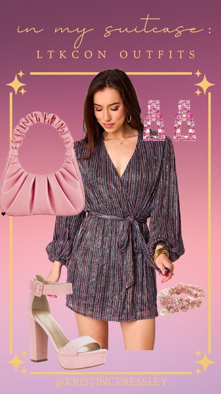 LTKCon outfit compilation. Dinner outfit. Shimmery wrap dress. Fall dress. Bump style. Short dress. Pink earrings. Statement earrings. Pink handbag. Pink platform heels. Pink accents. Statement outfit.￼

#LTKCon #LTKbump #LTKSeasonal