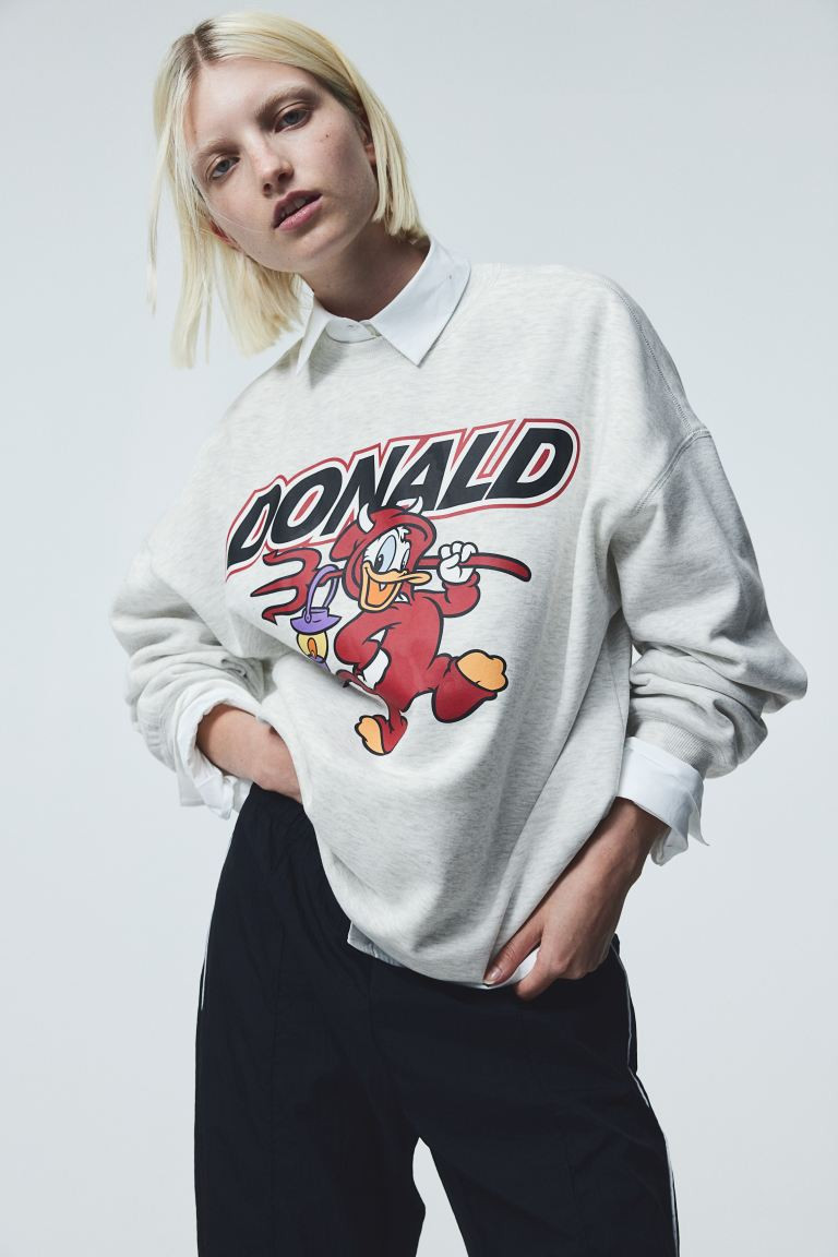 Oversized Sweatshirt with Printed Motif - Light gray melange/Donald Duck - Ladies | H&M US | H&M (US + CA)