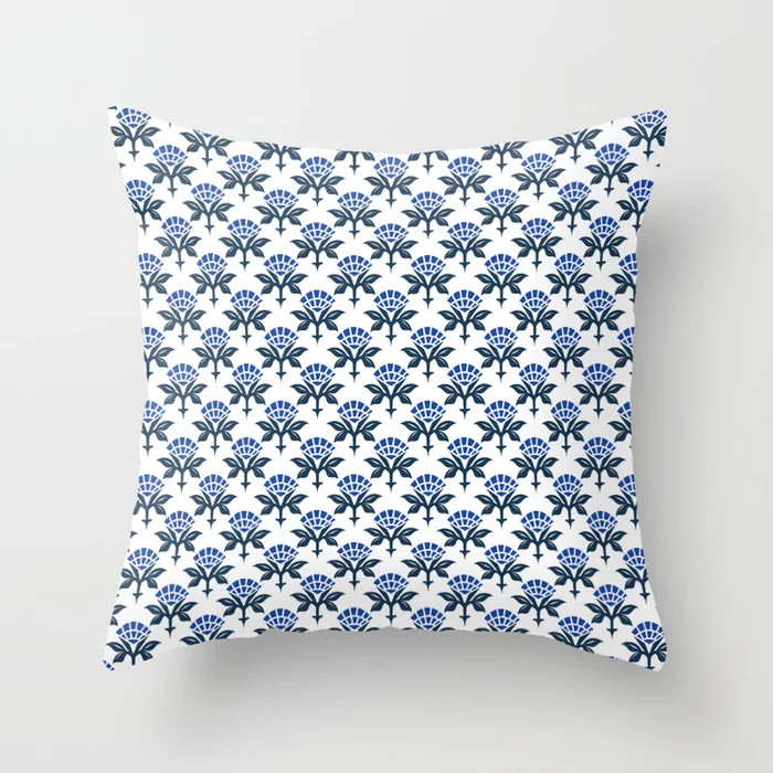 Ajrak Woodblock Floral Print in Blue Throw Pillow | Society6