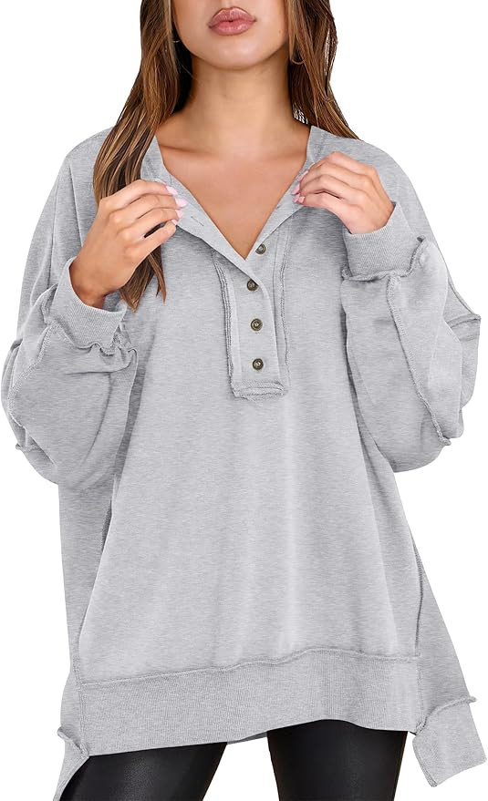 Caracilia Women's Oversized Sweatshirts Long Sleeve Henley Button Down Pullover Hoodies Tunic Top... | Amazon (US)
