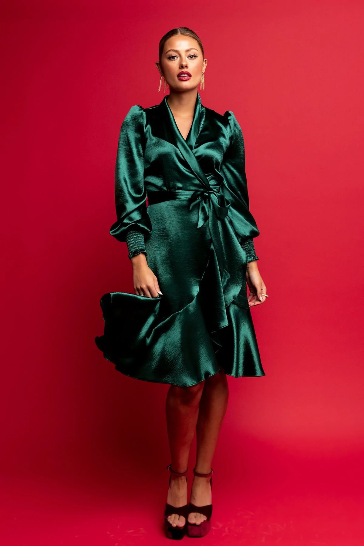 Long Sleeve Satin Wrap Dress - Emerald | Rachel Parcell