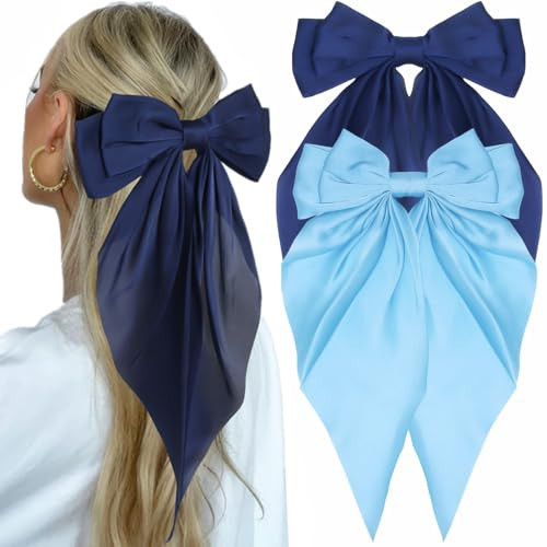 2PCS Hair Bows for Women Blue Hair Bow, Big Hair Bows Silky Satin Hair Bow Clips Blue Bow for Hair Large Hair Bows for Women Long Tail French Hair Ribbon Coquette Bows Hair Barrettes for Girls | Amazon (US)