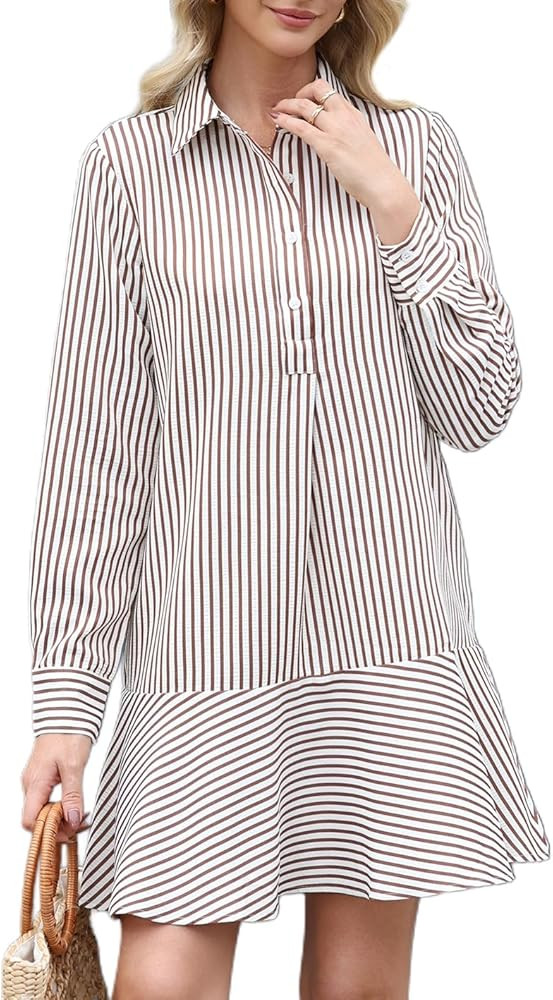 Womens Striped Shirt Mini Dress Long Sleeve Collared Ruffle Hem Button Up Tunic Flowy Swing Dress... | Amazon (US)
