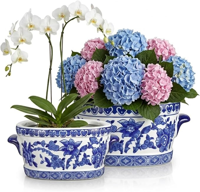 Blue and White Ceramic Planter Pot – Vintage Floral Oval Cachepot Vase for Indoor Plants, Flowe... | Amazon (US)