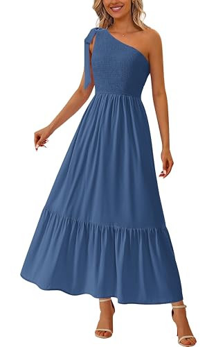 PRETTYGARDEN Womens One Shoulder Summer Maxi Dress Smocked Flowy Boho Beach Long Sundress Sleeveless Wedding Guest Dresses(Blue,Small) | Amazon (US)