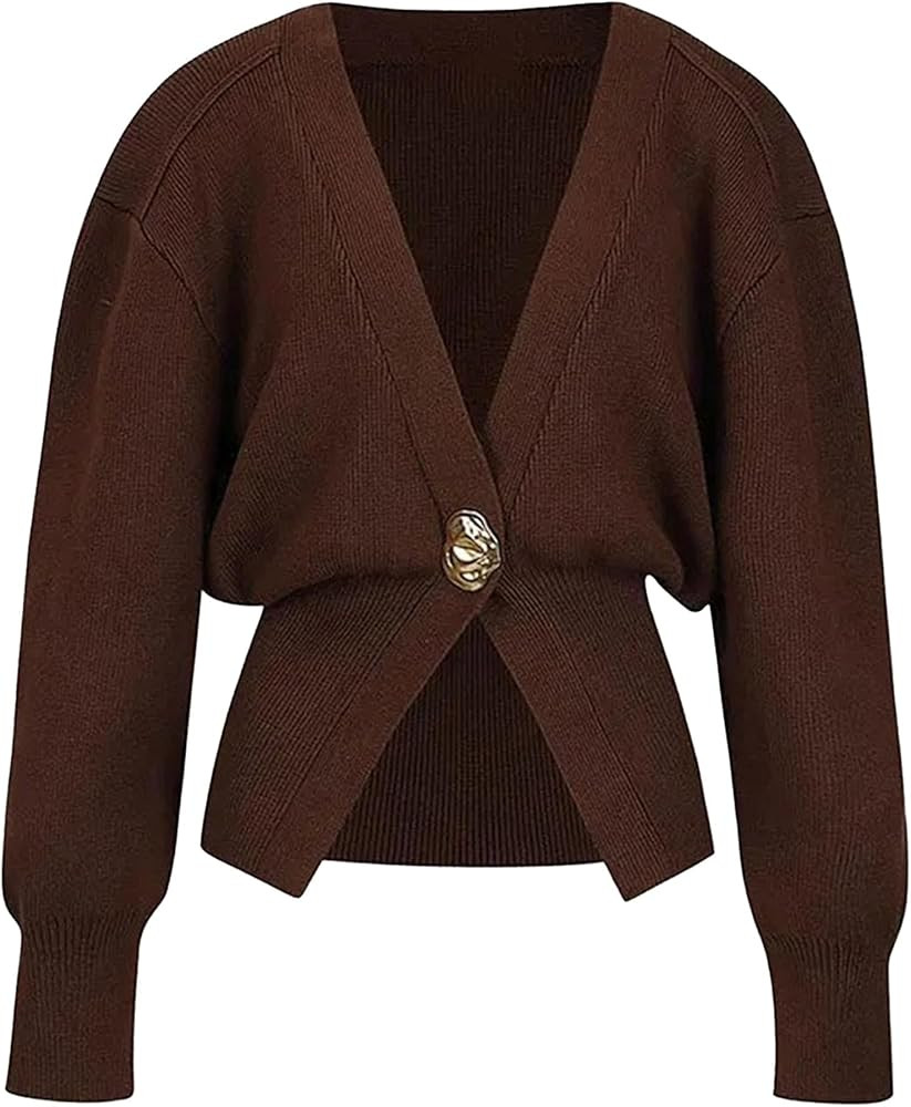 Suéter de punto con botones de una hoja para mujer, cuello en V, elegante, suave, liso, para oto... | Amazon (US)