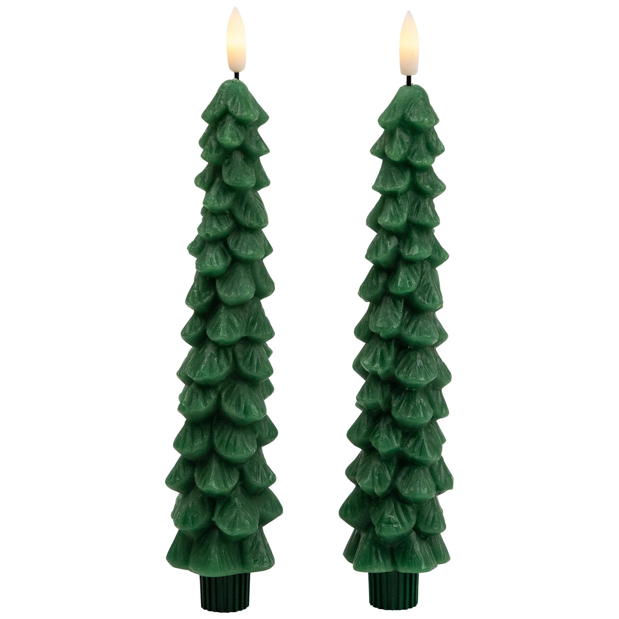 Flickering LED Flameless Wax Tapered Christmas Tree Candles - 9.75" - Green - Set Of 2 | Wayfair North America