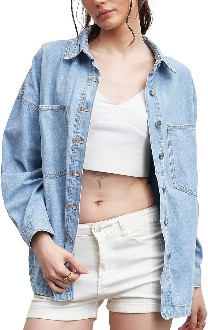 CYLADY Womens Denim Shirt Long Sleeve Oversized Boyfriend Jean Jacket Shacket Trendy Button Down ... | Amazon (US)