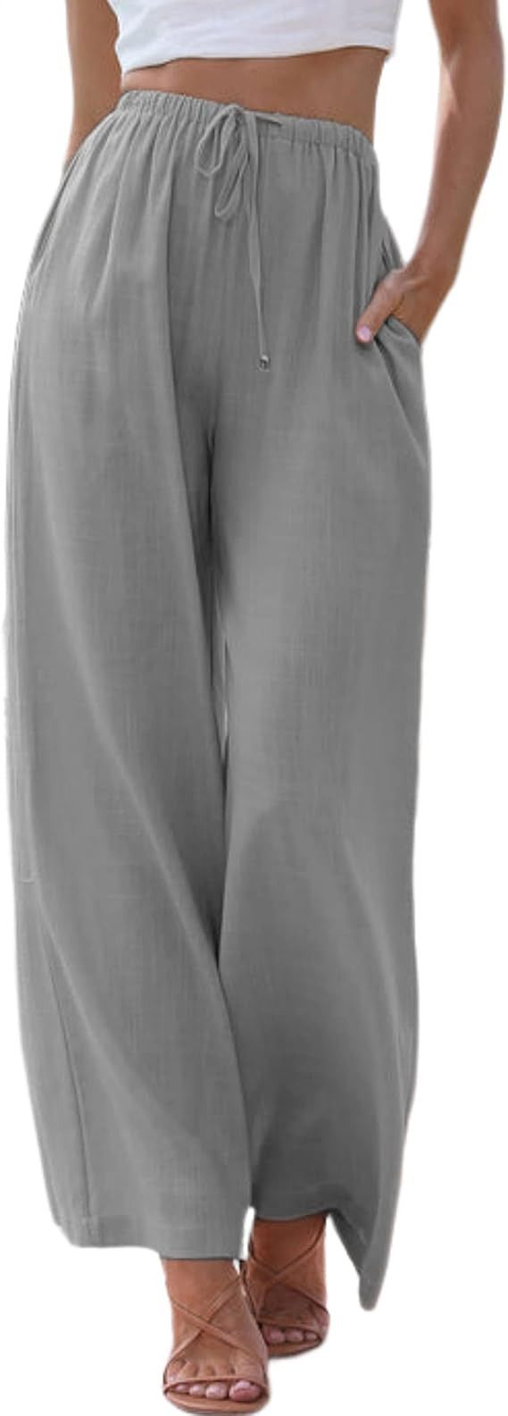 Tanming Wide Leg Linen Pants for Women Summer Flowy High Waisted Beach Palazzo Trousers | Amazon (US)