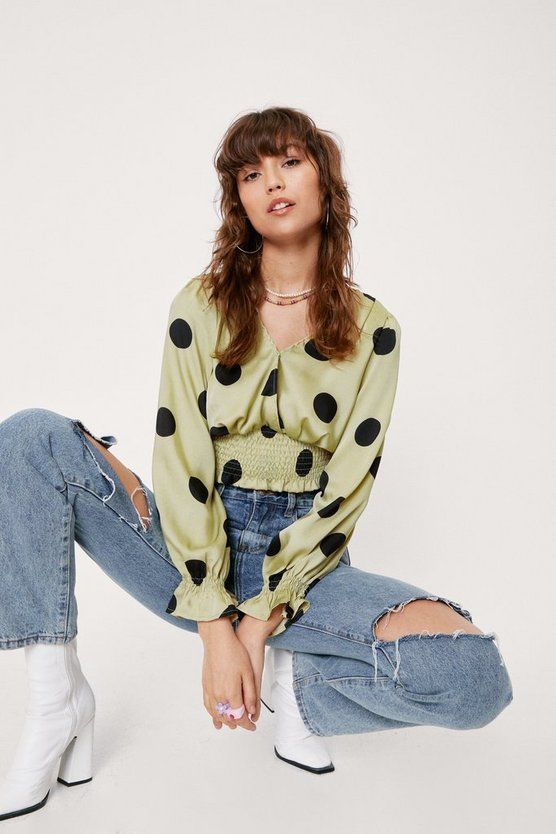 Spotty Print V Neck Shirred Waist Blouse | NastyGal (UK, IE)