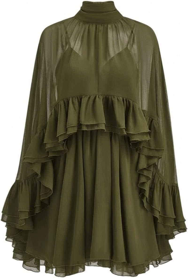 Women’s Semi Sheer Chiffon Ruffle Dress with Outer Cape | Amazon (US)