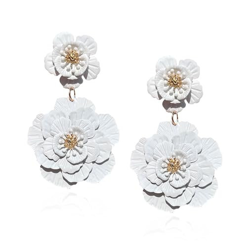 Just Follow Large Double Flower Earrings Candy Color Metal Flower Dangle Earrings Romantic Boho Sweet Flower Statement Earrings for Women Girl Wedding Party Jewelry (White) | Amazon (US)