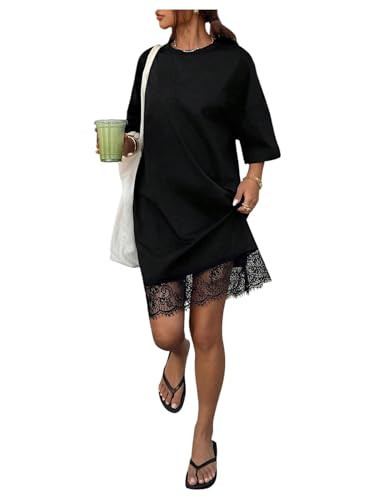 WDIRARA Women's Lace Trim Short Sleeve Midi Dress Crew Neck T Shirt Dress Black Large | Amazon (US)