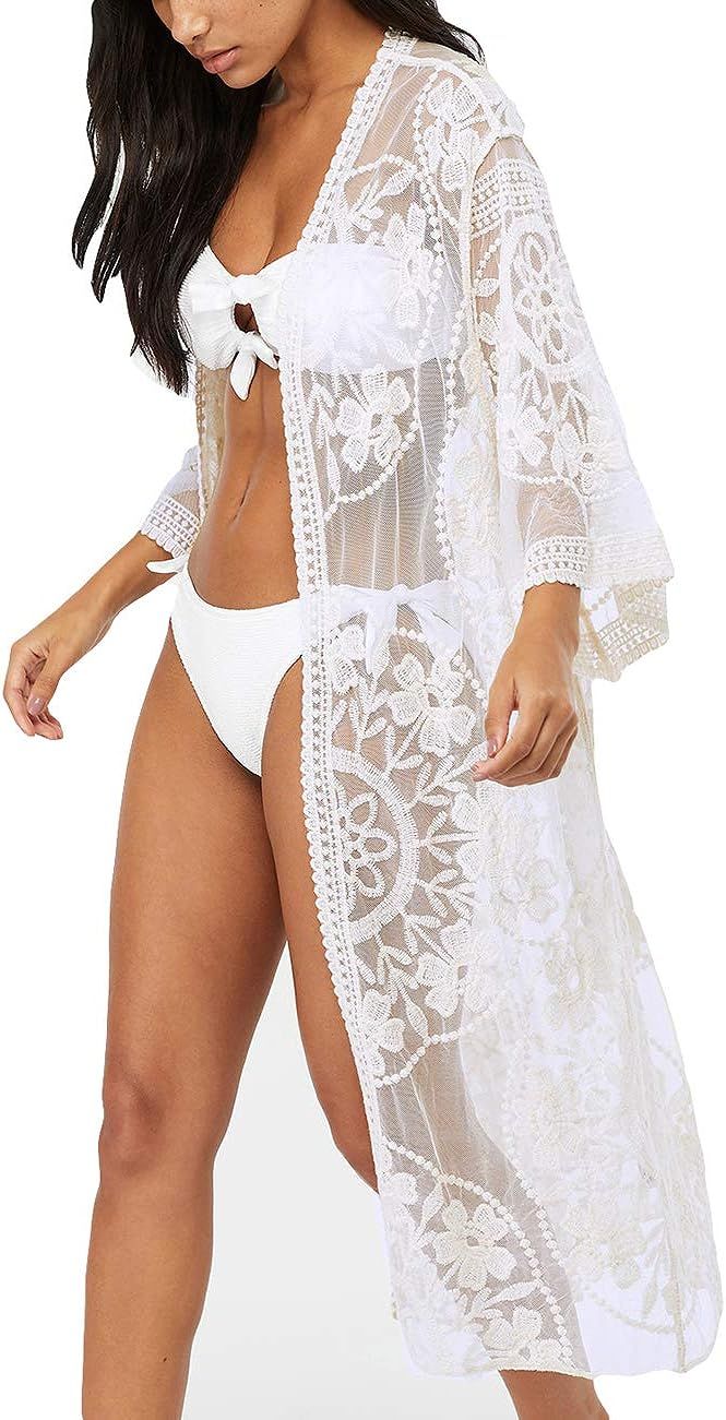 Bsubseach Women Sexy Lace Crochet Open Front Swimsuit Beach Long Kimono Cover Ups | Amazon (US)