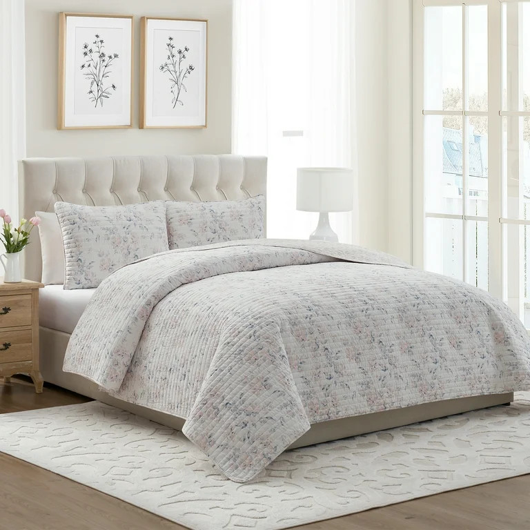My Texas House Rebecca 2-Piece White/Pink Floral Reversible Cotton Quilt Set, Twin/Twin XL | Walmart (US)