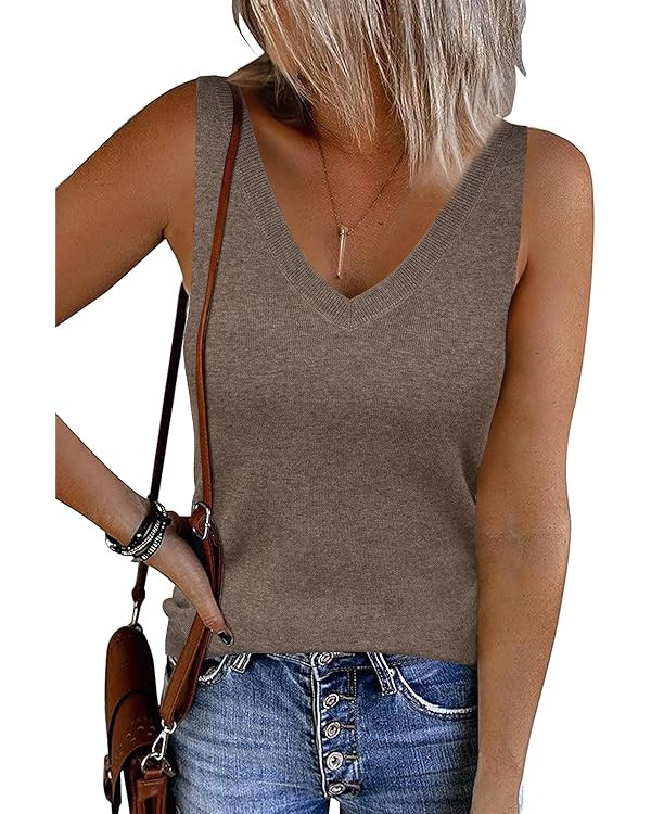 Arach&Cloz 2025 Women's Non See Through Tank Tops Lightweight Double V Neck Summer Sleeveless Kni... | Amazon (US)