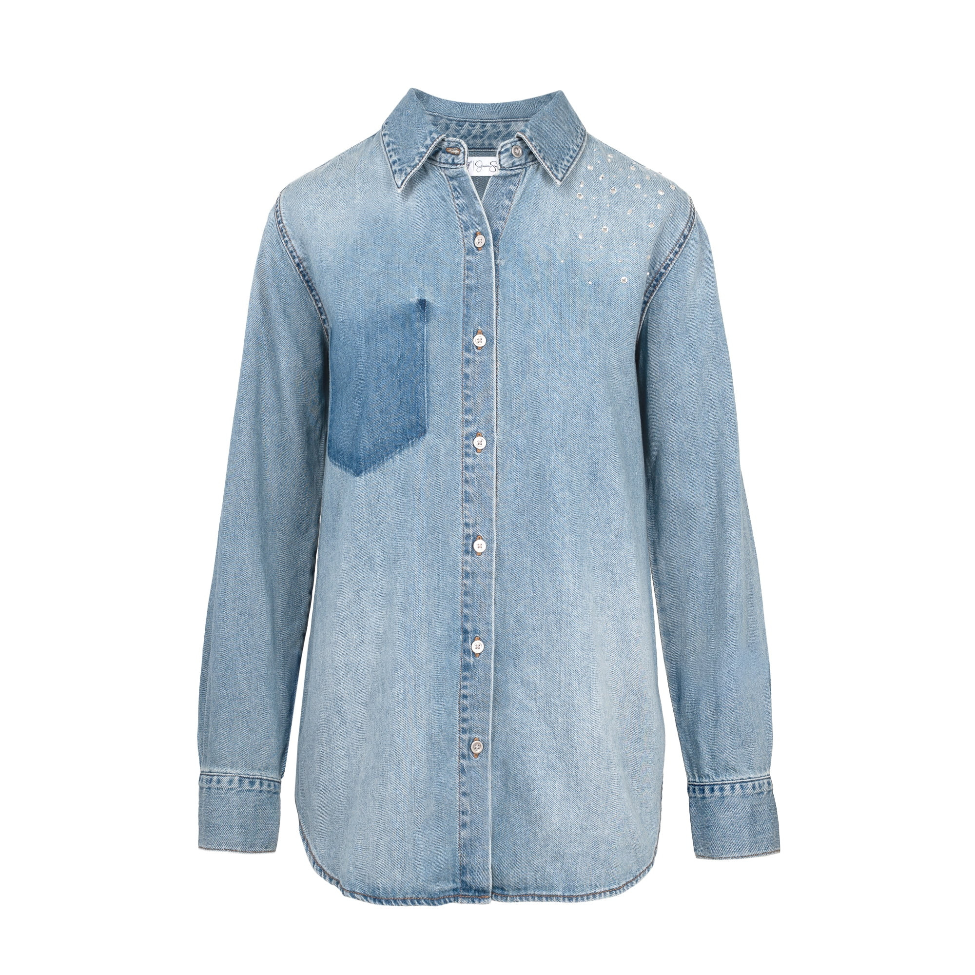 Jessica Simpson Women's Embellished Two Tone Denim Shirt with Long Sleeves, Sizes XS-XL | Walmart (US)