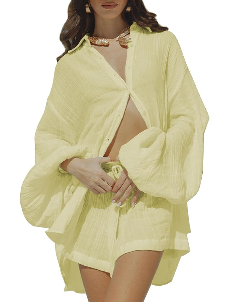 Fixmatti Women 2 Piece Outfits Summer Shorts Sets Lantern Sleeve Button Down Shirt and Shorts Swe... | Amazon (US)