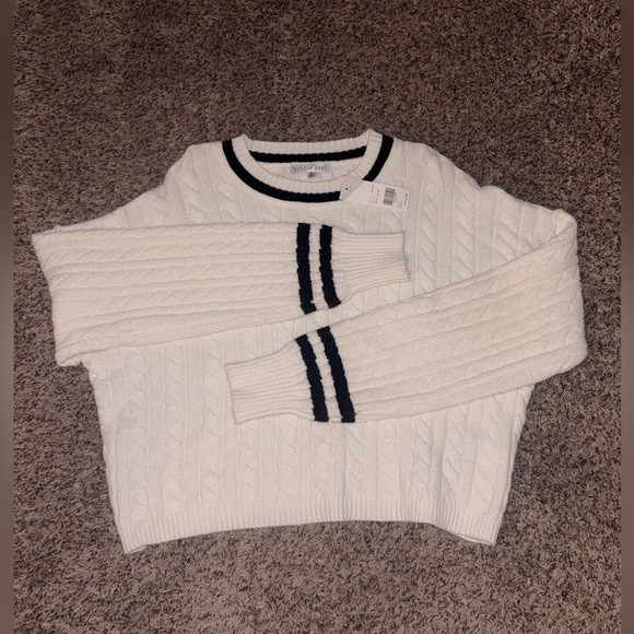 Classic White Cable Knit Sweater with Black Trim | Poshmark